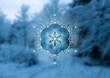 Complex crystal geometric snowflake on background with winter frozen forest. Sacred geometry and holiday vector design for christmas and new year mood. Visionary mandala for yoga and meditation.