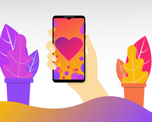 Wall Mural - Hand holds phone. Popular social network on smartphone screen. Watch cool videos. Social media addiction. Vector illustration in flat design.