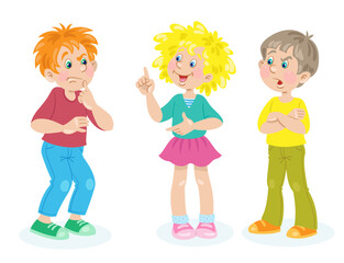 Wall Mural - A cute girl and two boys are talking. In cartoon style. Isolated on white background. Vector flat illustration.