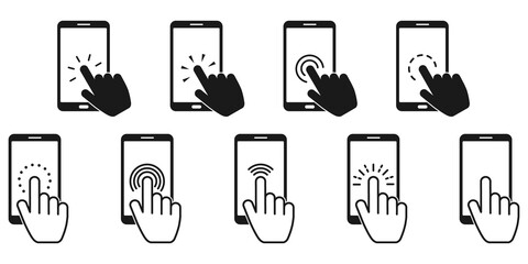 Poster - Hand touch screen smartphone icon. Smartphone screen with clicking finger. Cursor icon vector. Hand pointer vector