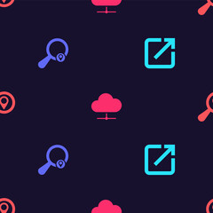 Poster - Set Open in new window, Search location, Network cloud connection and on seamless pattern. Vector.