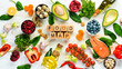 © Yaruniv-Studio - Food background. Food map: vegetables, fruits, fish, meat, nuts and other foods. Top view. Free copy space.