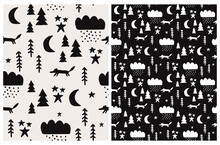 Winter Forest Seamless Vector Patterns With Hand Drawn Trees, Snow, Clouds, Fox And Stars Isolated On A Gray And Black Background. Infantile Style Christmas Illustration Ideal For Wrapping Paper.
