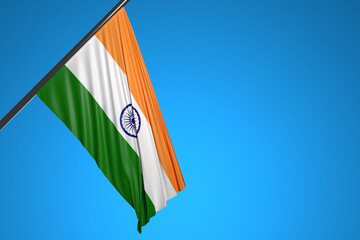 Wall Mural - 3D illustration of the national flag of India on a metal flagpole fluttering against the blue sky.Country symbol.