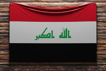 Wall Mural - 3D illustration of the national   fabric flag of Irak nailed on a wooden wall .Country symbol.