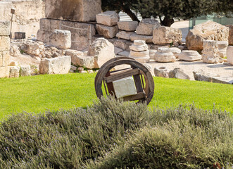 The wooden  structure for moving large stones is located at the Davidson Center in the Old city of Jerusalem in Israel