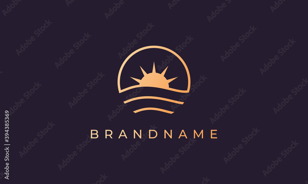Ocean wave and sun in a circle with a gold line art style suitable for ...
