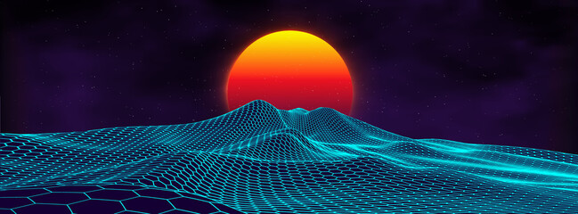 Wall Mural - 80s background retro landscape. futuristic neon 1980s style. cyber surface. party background. retro 