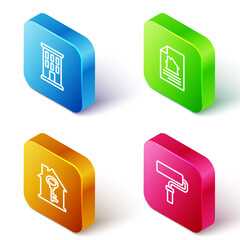 Sticker - Set Isometric line House, contract, with key and Paint roller brush icon. Vector.