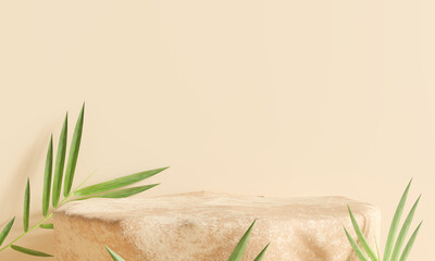 Fototapete - Stone display podium with nature leaves on brown background. 3D rendering
