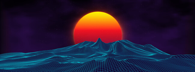 Wall Mural - 80s background retro landscape. futuristic neon 1980s style. cyber surface. party background. retro 