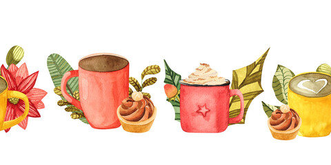 Watercolor seamless border with Christmas hot drinks and sweets on a white background. Festive border with red and yellow cups and winter botany.
