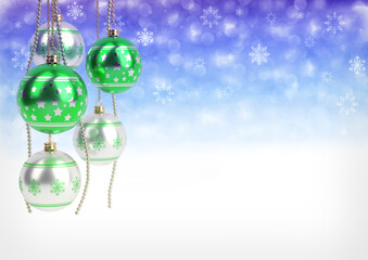 Wall Mural - green and silver christmas balls hanging on bokeh background. 3D render