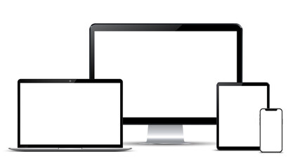 Poster - Set of mockup technology devices with empty display computer, laptop, tablet and mobile phone - stock vector