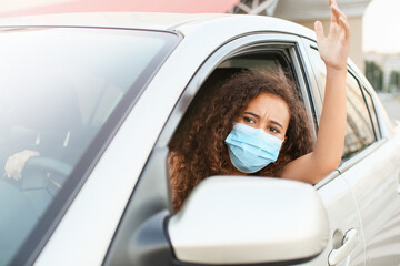 Wall Mural - Stressed African-American female driver in car during traffic jam