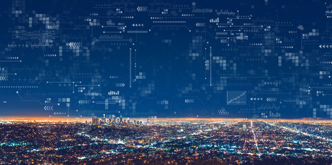 Wall Mural - Technology screen with downtown Los Angeles at night