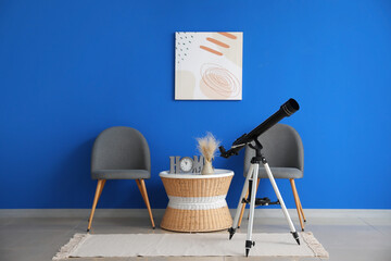 Interior of modern room with telescope