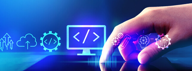 Wall Mural - Web development concept with hand pressing tablet computer screen