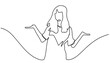 Continuous Line Drawing of Young woman spread her hand and shrugging shoulder. I do not know. Oops Sorry Asking question and doubt expression vector illustration. Continuous Line Drawing