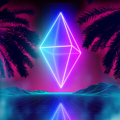 Poster - Neon rhombus on retro background landscape. Glowing rhombus cosmos poster. Neon light box cube light. Future purple 80s sci-fi poster.