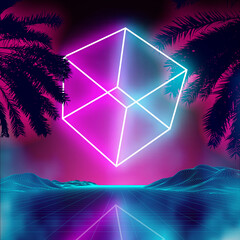 Poster - Neon 3d cube on retro background landscape. Glowing cube cosmos poster. Neon light box cube light. Future purple 80s sci-fi poster.