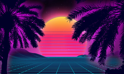 Wall Mural - 3d sunset on the beach. retro palms vector sci fi background. digital landscape cyber surface. 80s p