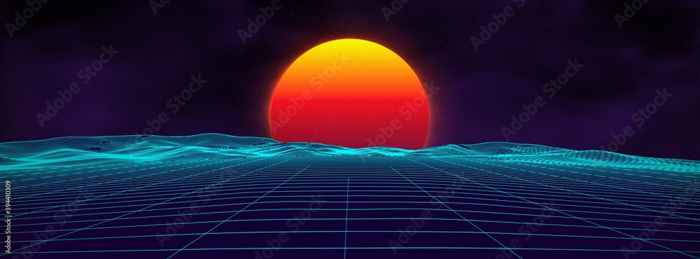 80s background retro landscape. Futuristic neon 1980s style. Cyber surface. Party background. Retro 80s fashion Sci-Fi Summer Landscape Background. - obrazy, fototapety, plakaty 