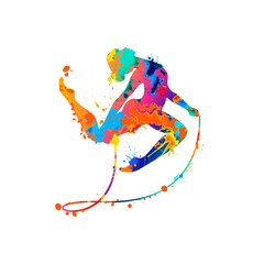 Canvas Print - Rhythmic gymnastics girl with skipping rope. Vector dancer silhouette of splash paint