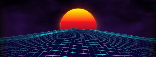 Wall Mural - 80s background retro landscape. futuristic neon 1980s style. cyber surface. party background. retro 