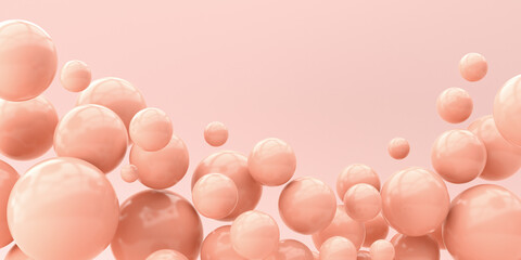 Many flying shiny pink spheres on a pink background. 3d render illustration.