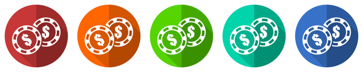 Leinwandbilder - Casino chips vector icon set, red, blue, green and orange flat design web buttons isolated on white, vector illustration
