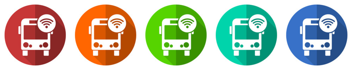 Fototapete - Bus with wifi vector icon set, red, blue, green and orange flat design web buttons isolated on white, vector illustration