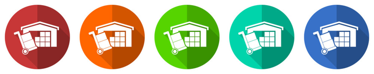 Poster - warehouse and shipping barrow, delivery, freight concept vector icon set, red, blue, green and orang