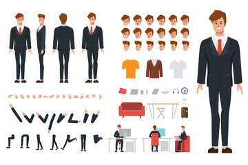 Businessman character creation for animation. Animated face emotion and mouth and hair. Set of businessman doing job flat design.