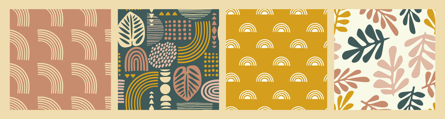 Artistic seamless patterns with abstract leaves and geometric shapes. Modern vector design