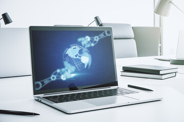 Aufkleber - Creative abstract robotics technology hologram with globe on modern computer monitor, artificial intelligence and machine learning concept. 3D Rendering