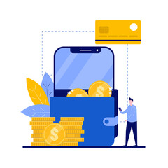 Poster - Smart wallet concept with character. Cryptocurrency withdraw, e-payment. Credit card, digital and mobile wallet. Financial and banking service. Modern flat illustration for landing page, hero images