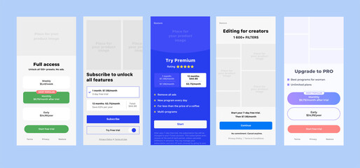 Price table concept. Pricing or subscription plan ui mobile application elements. Mobile app marketing or promotion interface template. Product comparison table.