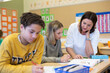 © Johnér - Teacher helping girl in classroom, Sweden