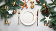 © Vladislav Noseek - Christmas Banner Dinner Table Setting Frame With Empty Plate, Cutlery, Christmas Toys And Fir Tree. Winter Holidays Background