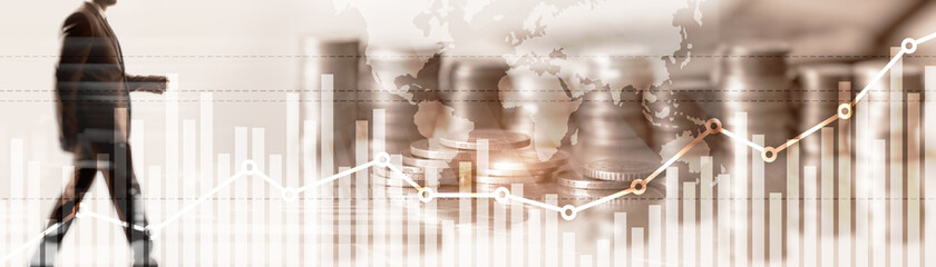 Poster - Double exposure global world map on business financial stock market trading background.