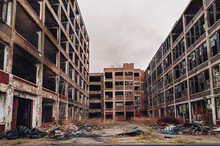Detroit Abandoned Broken Dystopian Factory Warehouse Crumbling Into Nightmare Apocalypse - Tilt Shift - Winter Landscape