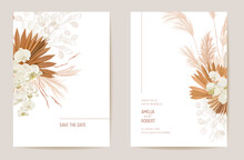 Wedding Dried Lunaria, Orchid, Pampas Grass Floral Save The Date Set. Vector Exotic Dry Flower, Palm Leaves