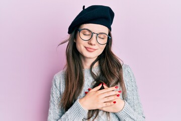 Sticker - Young beautiful caucasian girl wearing french look with beret smiling with hands on chest, eyes closed with grateful gesture on face. health concept.