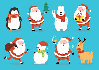 Wall Mural - Set of cartoon Santa Claus, deer, snowman, penguin for christmas banner, greeting card illustration. Happy cute character christmas collection.