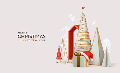 Merry Сhristmas and Happy New Year. Abstract minimal design, geometric Christmas trees, gift box, Realistic Xmas Decorative design objects. Winter holiday background. website header or banner, poster.