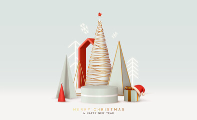 Merry Сhristmas and Happy New Year. Abstract minimal design, geometric Christmas trees, gift box, empty round Realistic stage, podium, Xmas studio. Winter holiday background. website header or banner