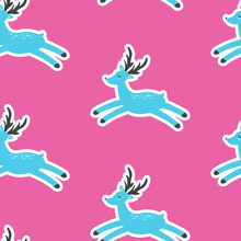 Christmas And New Year Seamless Pattern. Christmas Blue Deer. Winter Vector Background.