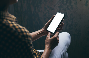 cell phone blank white screen mockup.woman hand holding texting using mobile on desk at office.background empty space for advertise.work people contact marketing business,technology