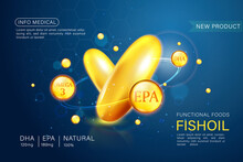 Fish Oil Ads Template, Omega-3 Softgel With Its Package. Deep Sea Background. 3D Illustration.